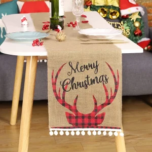 Printed Merry Christmas Natural Burlap Table Runners for Home Party