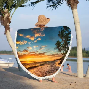 Printed Round Sun Protection Beach Towel with Tassels Multi-functional Beach Blanket Can Be Used as Beach Shawl Bath Towel