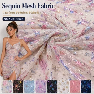Printed Sequin Mesh Fabric Stretch Glitter Mesh for Party Dress Dancewear Stage Costume Custom Fabric by Roll