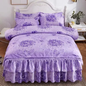 Printed Solid Bedding Sets Home Bedding Set Bed Skirt, Quilt Cover, Pillowcase 4pcs High Quality Lovely Pattern with Flower