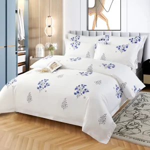 Printed Style 100% Cotton Bedding Set White Botanical Printed Bed Sheet Set for Queen King Size Beds
