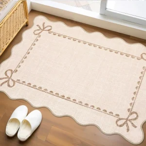 Printed Velvet Bow Rug Washable Non Slip Soft Low Pile 2×3 Solid Beige For Kitchen Entryway Nursery Bedroom Decor
