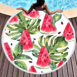 Printing Fruits Round Beach Towel with Tassels Cute Soft Blanket Mat Picnic Rug Table Cloth Gifts for Travel Outdoor Activities