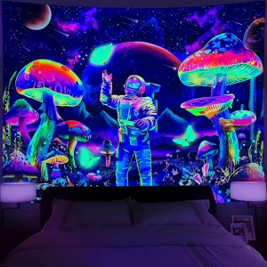 Psychedelic Alien Fluorescent UV Active Wall Tapestry Blacklight Wall Hanging Mushroom Atronaut Tapestry Home Decor for Bedroom