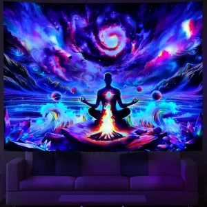 Psychedelic Blacklight UV Reactive Spiritual Fabric Tapestry Boho Yoga Meditation Wall Hanging for Bedroom Living Room