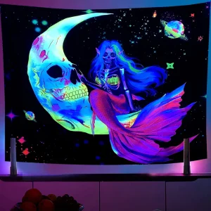 Psychedelic UV Blacklight Mushroom Wall Hanging Tapestry Moon Skull Fluorescent Glowing Wall Background Cloth Home Art Decor