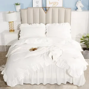 Pure Color Ruffled Edge 100% Cotton Duvet Cover Set Hotel Style Bedding Cover Bed Skirt Set Lace
