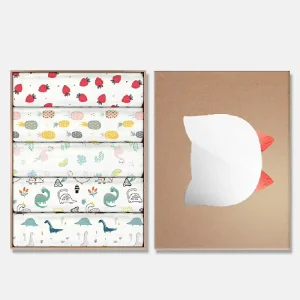 Pure Cotton Combed Gauze Face Towel 6 Ply Gift Box 5 Piece Pack 35x75cm Printed Pattern Assorted Colors
