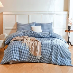 Pure Cotton Duvet Cover Blue White Classic Vintage Checkered Soft Breathable 3 Piece Bedding Set with Pillowcases for All Season