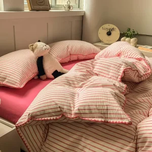 Pure Cotton Geometric Striped Jacquard Bedding Set Ruffled Edge Modern Minimalist Four-Piece All Seasons Reactive Dyeing Quality