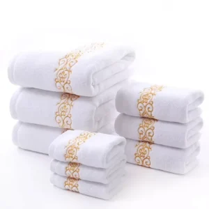 Pure Cotton Gold Thread Plain Color White Color Hotel Bath Towel Set Face Washcloth