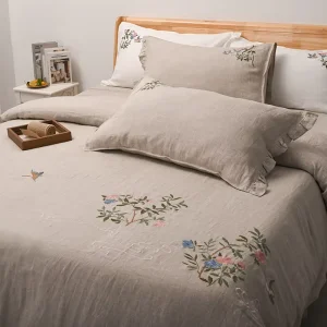 Pure Cotton Linen Bedding Set Floral Embroidery Breathable Soft Linen Bed Sheets