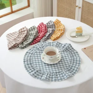Pure Cotton Plaid Square Placemats with Pleated Ruffled Edges Decorative Fabric Mats for Western Restaurants
