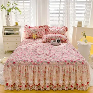 Pure Cotton Princess Style Girl Floral Printed Lace Bed Skirt Single Piece Three Piece Set Thickened Quilted Non Slip Fitted