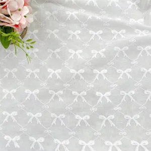 Pure Cotton White Bow Dress for Wedding Fully Embroidered with Spring and Summer Features Stretch Net Fabric