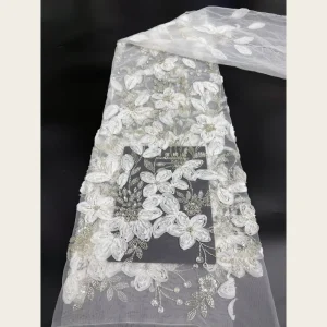 Pure White 3D Chiffon Flower Heavy Beaded Rhinestone Lace Fabric Embroidered Eco-Friendly for Main Wedding Lawn Bridal Gown