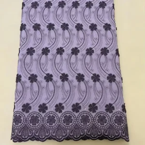Purple African Cotton Lace Fabric with Floral Embroidery & Rhinestones Swiss Voile Lace Fabric for Women’s Dresses