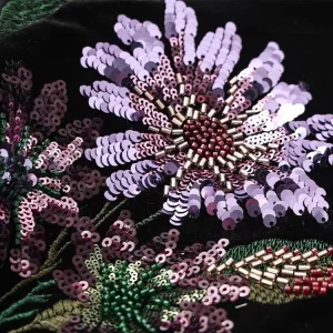 Purple Beaded Sequin Embroidery Velvet Fabric Retro Luxury Floral Embroidered Black Velvet Sequin Fabric for Formal Dress