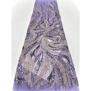 Purple French Lace Beads Sequin Net Fabric for Home Textiles