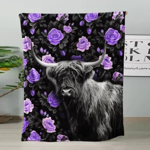 Purple Rose Mountain Cow Design Digital Heat Transfer Printed Fleece Cute Throw Blanket