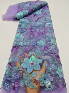 Purple Sequin Lace French Net Embroidery Fabric for Wedding Bridal Dress Wedding Women Clothing
