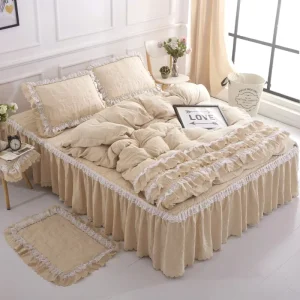 Quality Comforter Lace Embroidered Bed Skirt Polyester Three Poeces Bedding Set 4 Pcs