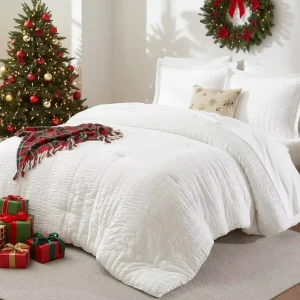 Queen Eco Friendly Modern Comforter Set White Seersucker 7 Piece Bed Bag Luxury Soft Polyester Comforter Sheets Pillowcases
