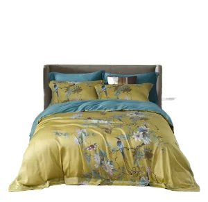 Queen King Bed Sheet & Quilt Cover Pillowcases Luxury Soft 100% Lyocell Woven Organic Silky Cooling Golden Birds Duvet Cover Set