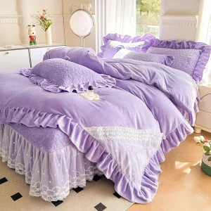 Queen King Size 3Pcs Luxury Princess Style Lace Bed Skirt Set Solid Brushed 100% Polyester Embroidered Duvet Cover Home