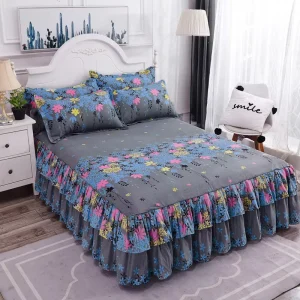 Queen King Twin Size Multi Color Floral Printed Bed Cover Adjustable Elastic Belt Acrylic Bed Skirt Set