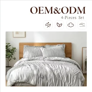 Queen Light Grey Comforter Set 4 Piece Boho Shabby Chic Ruffles Soft 3D Embroidery