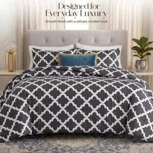 Queen Size 3 Piece Grey Printed Comforter Set Alternative Filling Contemporary Style