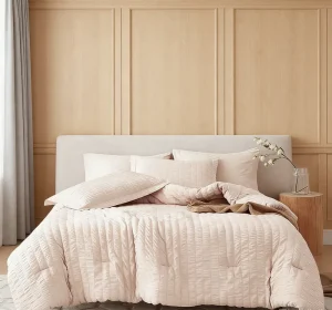 Queen Size 7 Piece Seersucker Comforter Set All Season Luxury Bedding Set with Sheet Set Pillowcases and Shams Beige