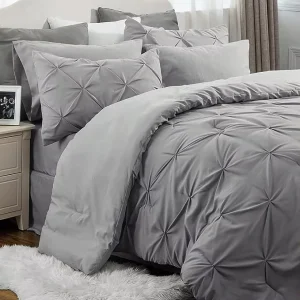Queen Size 7 Pieces Polyester Pintuck Bedding Set Beige with Comforter Sheets Pillowcases Shams