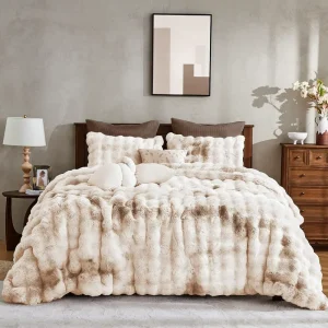 Queen Size Modern Quality Rabbit Fluff Faux Fur Duvet Cover Set Bubble Pattern Gray White Plush 3 Piece Pillow Sham Set Zipper
