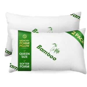 Queen Size Shredded Memory Foam Pillows 2 Pack Cooling Adjustable Bed Pillows with Removable Washable Bamboo Cover for Sleeping