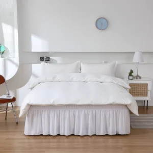 Queen and King Size White Wrap Around Bed Skirt Three Fabric Sides Elastic Dust Ruffled 16 Inch Tailored Drop