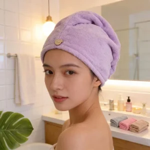 Quick Dry Fast Drying Antimicrobial Eco-Friendly Triangle Hair Towel Wrap Soft Coral Fleece Ribbed Texture Secure Button Closure