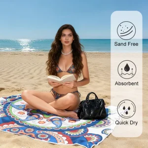 Quick Dry High Quality Printed Beach Towel Fast Dry Sand Free Proof Microfiber Waffle Beach Towels with Bag