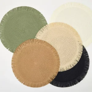 RTS Factory Japanese Style Solid Round Straw Knitted Place Mat With Tassels for Home Table