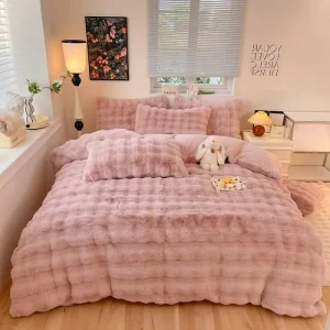 Rabbit Faux Fur Fluffy Bedding Set Solid Color Furry Warm Soft Design Tufted Bedding Set for Home