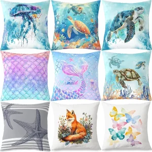 Rainbow Ocean Animal Cushion Pillow Cover Blue Coast Mermaid Scaled Turtle Beach Cushion Cover Ocean Outdoor Pillow Cover