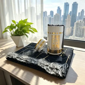 Ramadan Gift Set Black Chenille Polyester Prayer Mat with Tasbih Beads Cylinder Box Islamic Eid Present for Men Women Travel