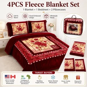 Raschel Mink Blanket Set 4 Pieces Floral Plush Bed Blanket With Pillowcases for Winter King Size