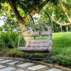 Rattan Swing Chair 2 Person Egg Shaped Swing Chair with Frame and Cushions for Outdoor Patio Yard