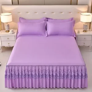 Reactive Print Lace Bedsheet Set Solid Colors Bed Skirt Sheet Set
