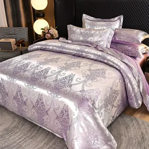 Ready Stock King Queen Size Jacquard Bed Sheet Set 4Pcs Printed Bedding Sheet Set Pillow Cases Bridal Bedding Set Purple