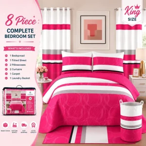 Ready Stock King Size 8 Piece Complete Bedroom Set with Curtains Carpet and Laundry Basket Bedding Set