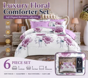 Ready Stock Low MOQ Factory 6 Piece Printed Microfiber Comforter Set King Size Bedding Set OEM Packing Available