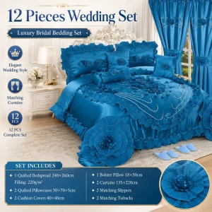Ready Stock Luxury 12 Pieces Wedding Quilted Bedspread Set with Curtains Slippers Bridal Bedroom Bedding Set